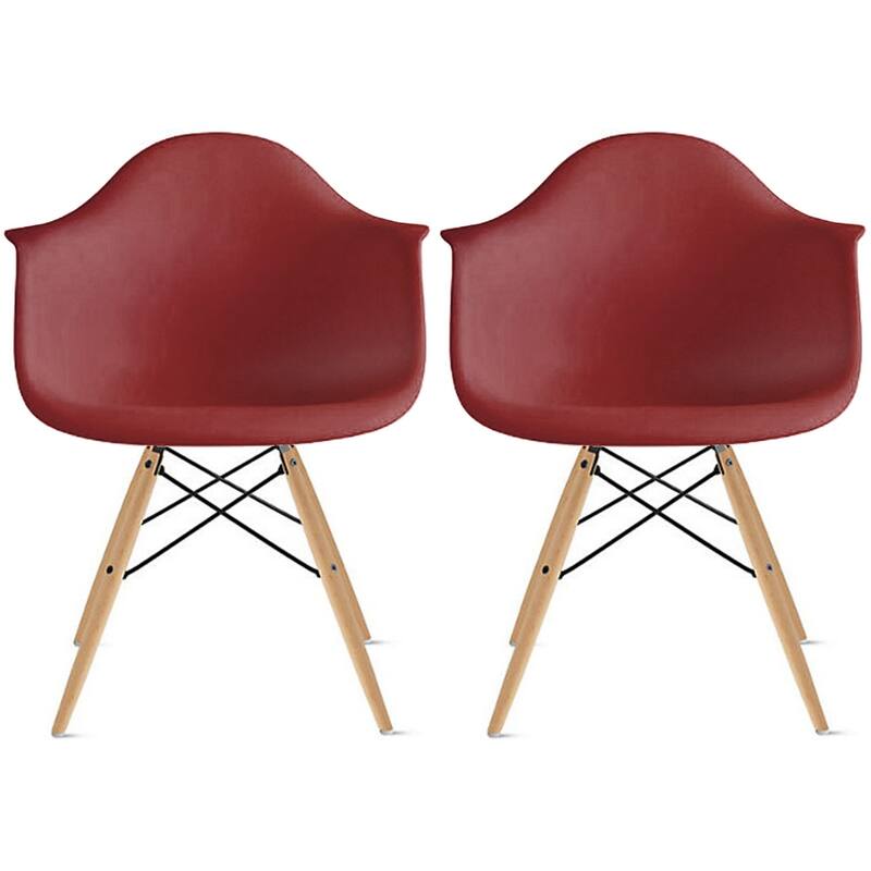Set of 2 Plastic Accent Modern Designer Dining Chair With Arms Molded Shell Desk Natural Wooden Legs Kitchen Patio - Maroon