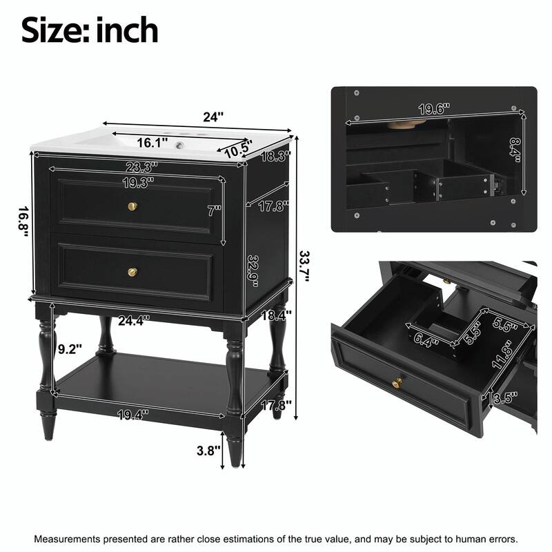 24" Bathroom Vanity with Ceramic Sink, Retro Open-Shelf Cabinet with 2 Drawers