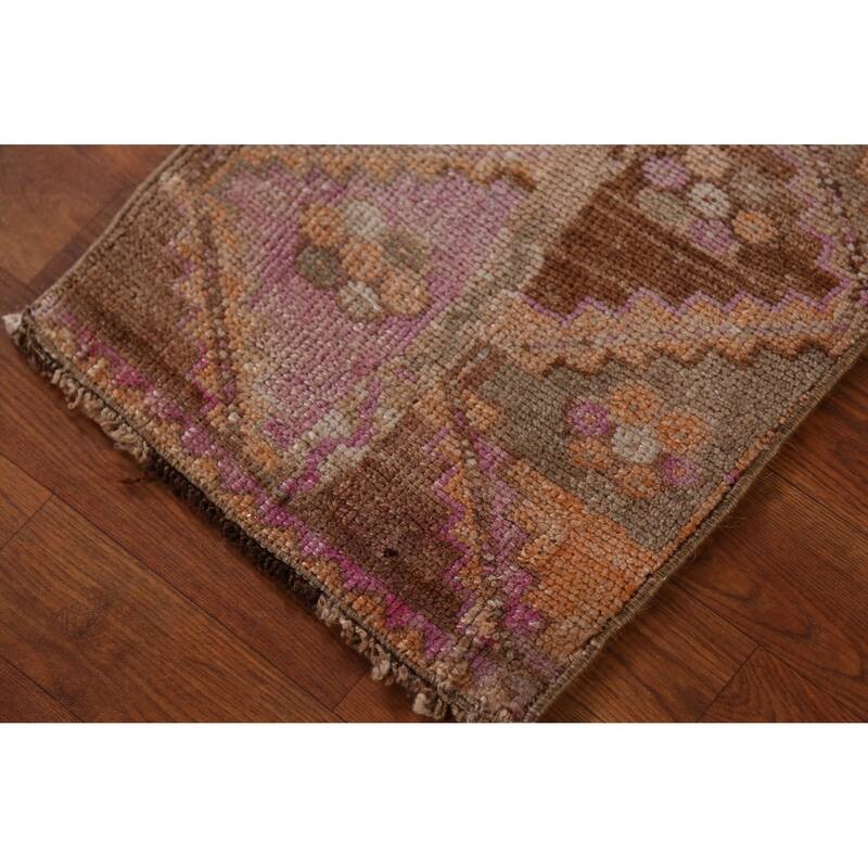 Hand Knotted Oriental 100% Wool Carpet Transitional Tribal Brown Anatolian Runner Rug - 2' 10'' X 1' 3''