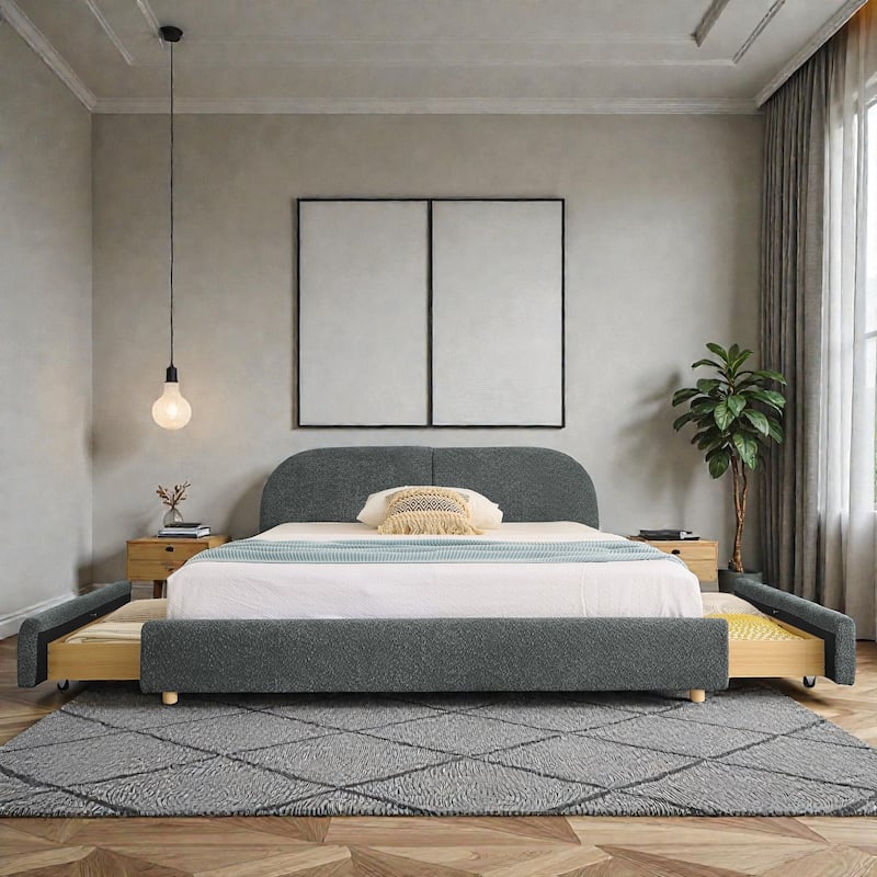 Upholstered Bed Frame with Tall Curved Headboard and Storage Drawers, Modern Minimalist Platform Bed No Box Spring