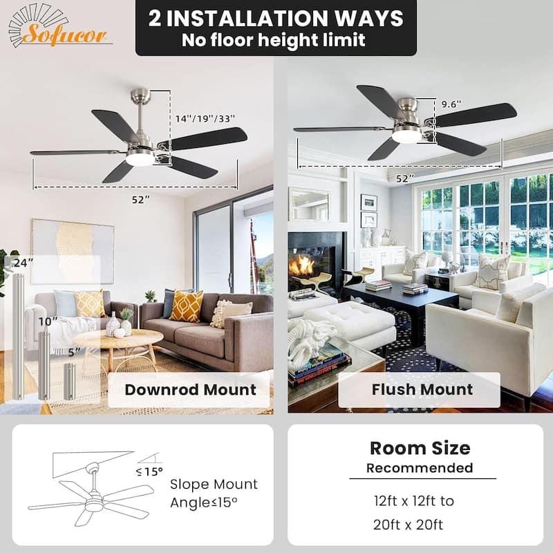 52 Inch Flush Mount & Downrod Ceiling Fan With Light and Remote Modern Ceiling Fan Bedroom - N/A