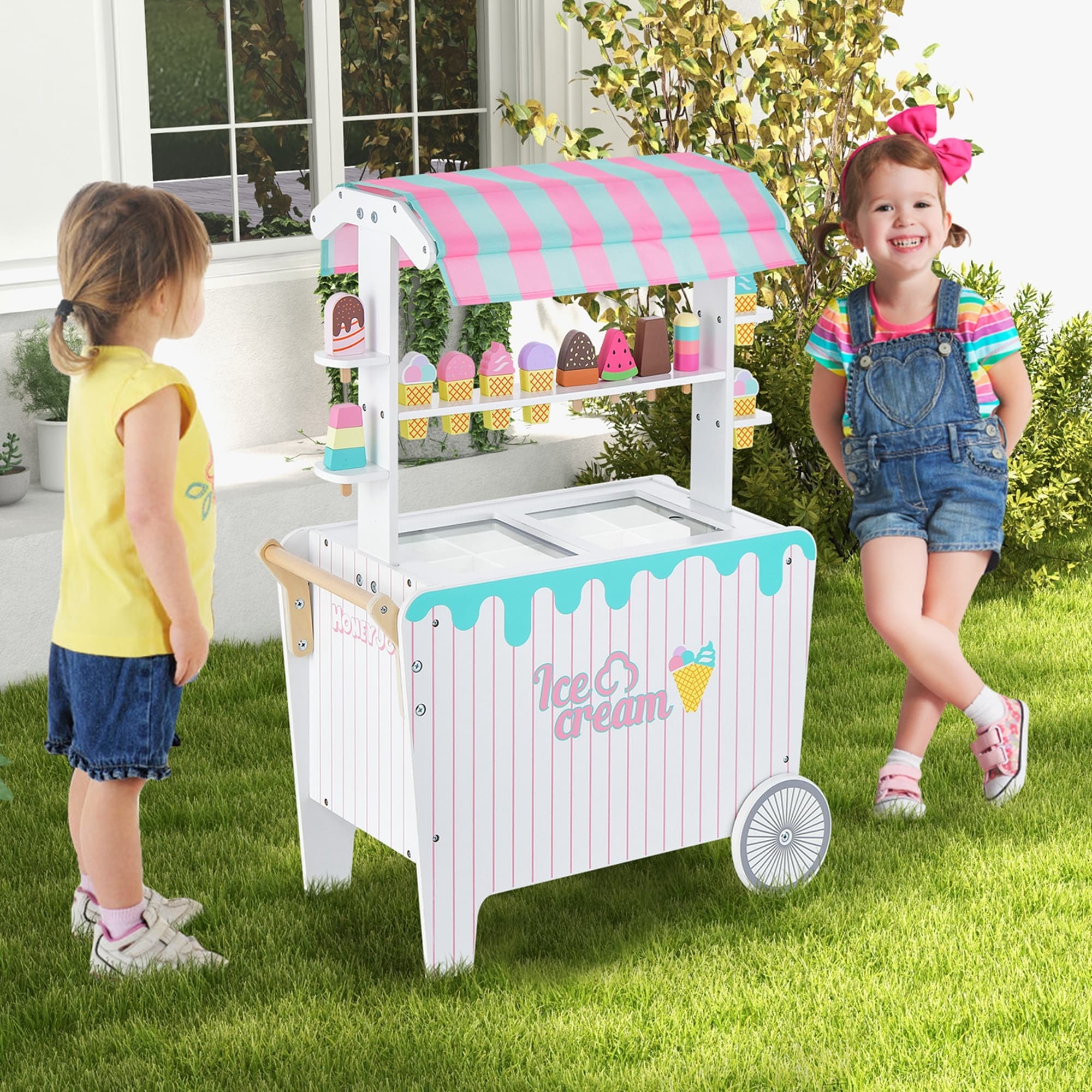 Costway Kids Ice Cream Cart Wooden Toddler Farmers Market Stand W/  Chalkboard & Storage