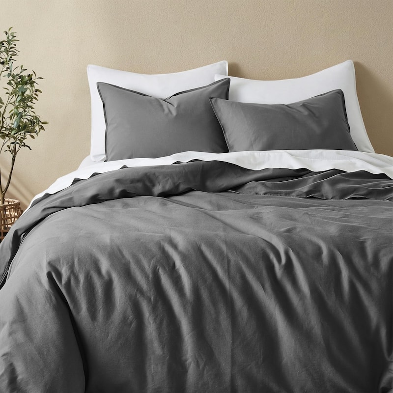 Flax Linen Cotton Blend Duvet Cover Set, Durable, and Moisture-Wicking, 3 Piece Bedding Set - Twin - Charcoal Gray