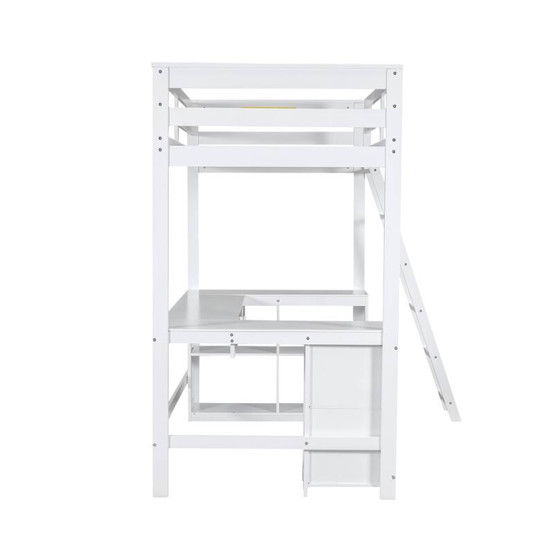 Roomfitters Twin/Full Loft Bed with U-Shaped Desk, Open Shelves and Compact Storage System