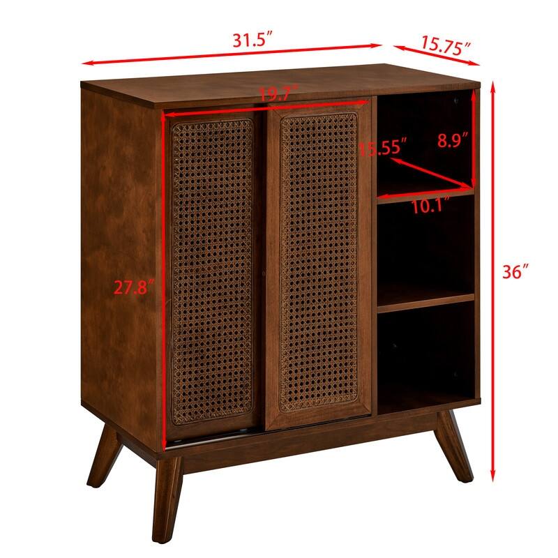 Mid Century Modern Rattan Sideboard Cabinet, Buffet Cabinet,Adjustable Shelf, Solid Wood
