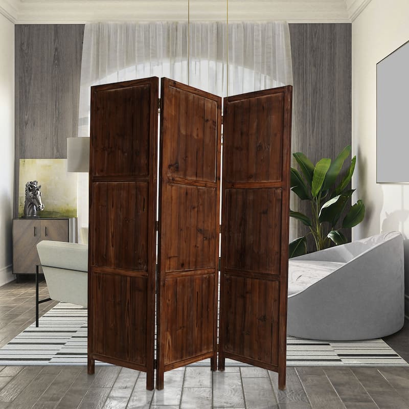 Wooden 3 Panel Room Divider with Plank Pattern, Brown