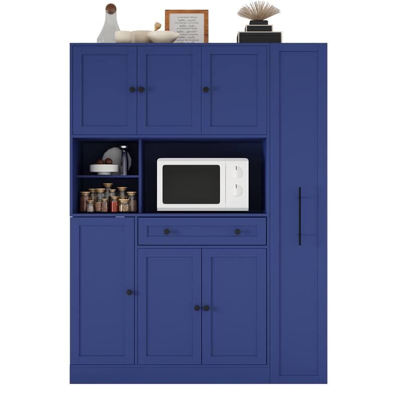 Roomfitters Large Kitchen Pantry Cabinet with Pull-Out Side Storage and Hutch, Shaker Style Buffet