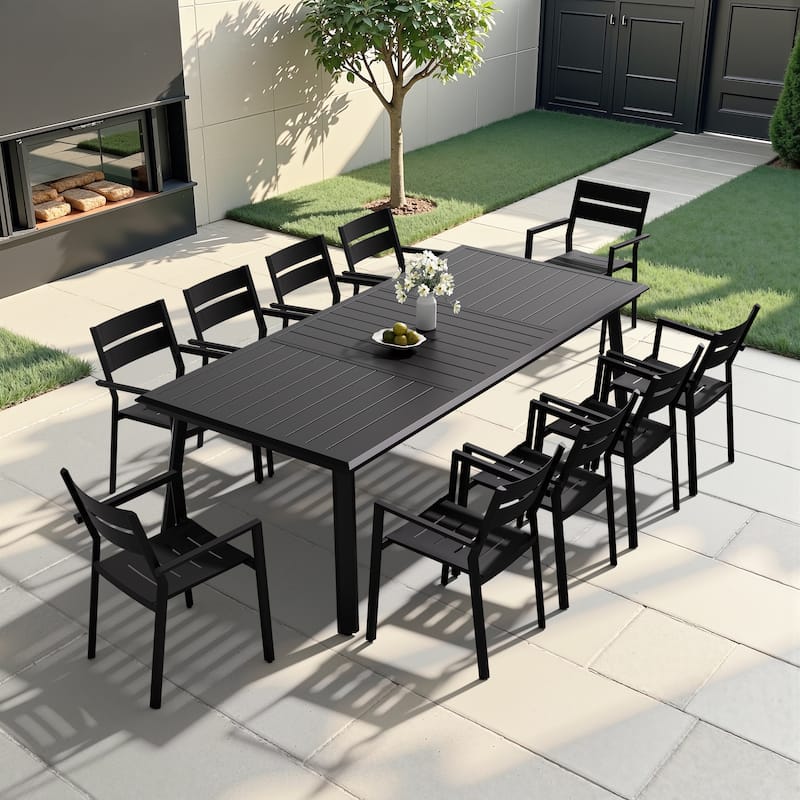 11-Piece Set Outdoor Aluminum Dining Table with Umbrella Hole and Stackable Chairs