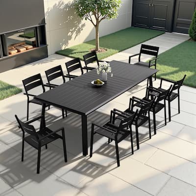 11-Piece Set Outdoor Aluminum Dining Table with Umbrella Hole and Stackable Chairs