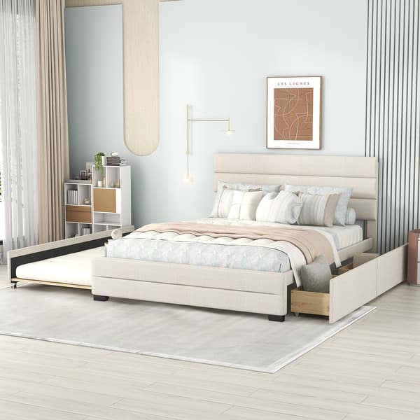 slide 2 of 21, Queen Size Upholstered Platform Bed with Twin Size Trundle Storage Bed Frame and 2 Drawers for Kids Teens Adults Beige