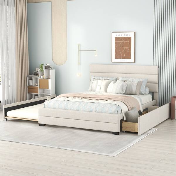 slide 2 of 3, Queen Upholstered Platform Bed with Twin Size Trundle and Two Drawers Beige - Queen