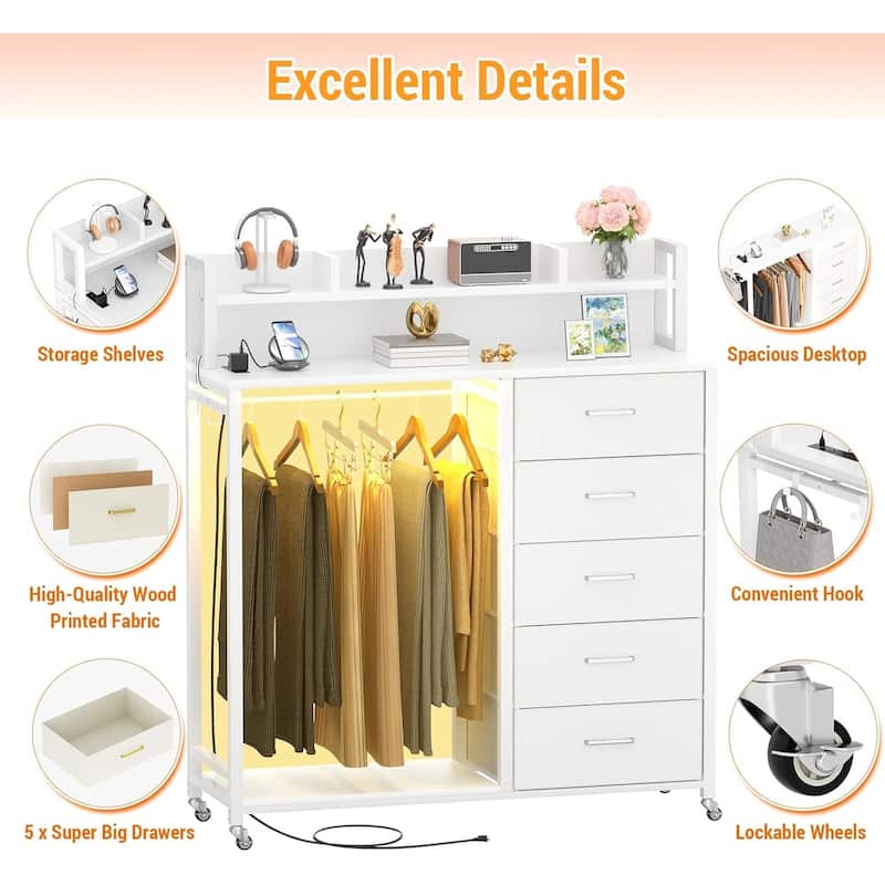 5 Drawers Dresser with Charging Station & LED Lights, Chest of Drawers with Hanging Rod ＆ Lockable Wheels ＆ Storage Shelves