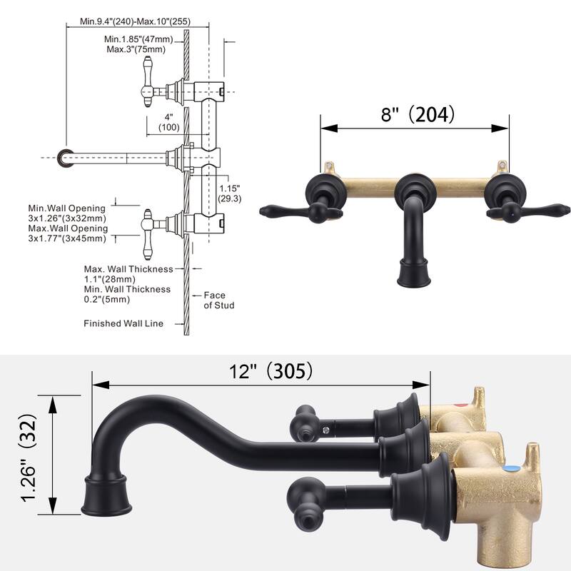 WOWOW 2 Handle Wall Mounted Antique Bathroom Sink Faucet