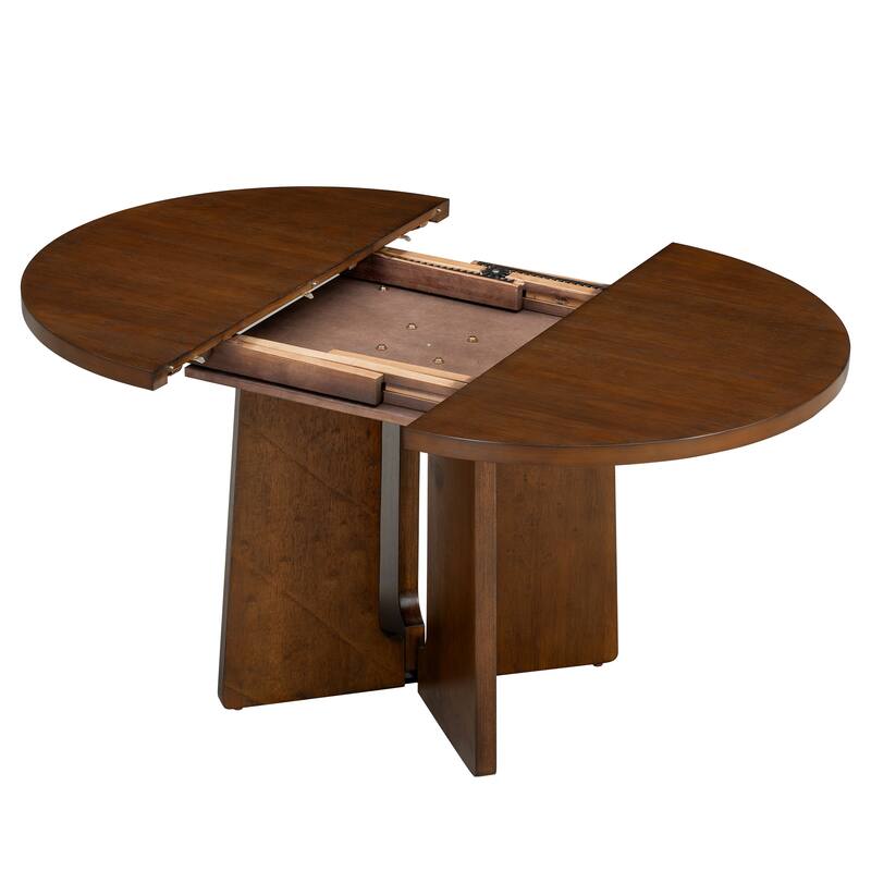 Solid Wood Extendable Round Dining Table Set for 4, Kitchen Table with Removable Leaf & Upholstered Chairs