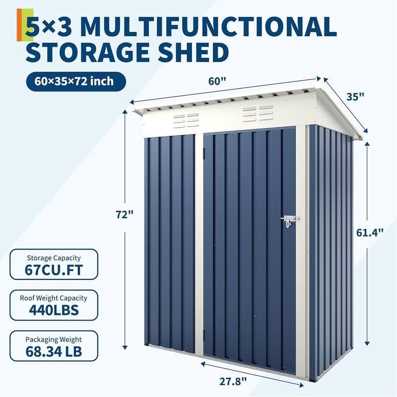 5×3FT Storage Shed Metal Tool Garden Shed for Garden, Backyard, Patio