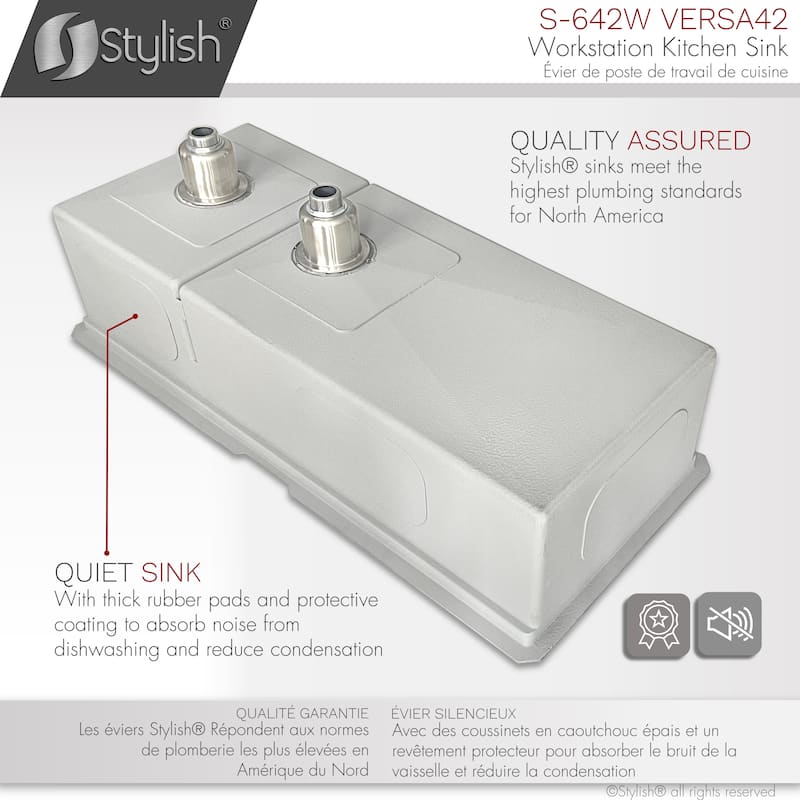 STYLISH 42 inches Workstation 70/30 Double Bowl Undermount 16 Gauge Stainless Steel Kitchen Sink with Accessories included