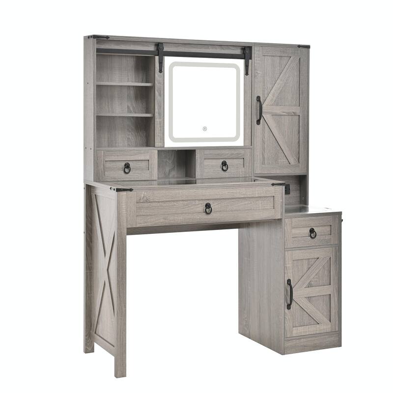 Farmhouse Vanity Desk with Sliding Mirror & Lights, Glass Top Vanity Set