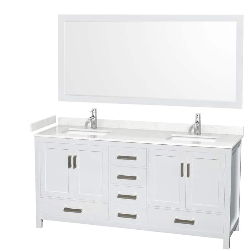 Sheffield Double Bathroom Vanity Set, Cultured Top, 70-Inch Mirror - 72-Inch Double - White, Carrara Cultured Marble Top, Chrome Trim