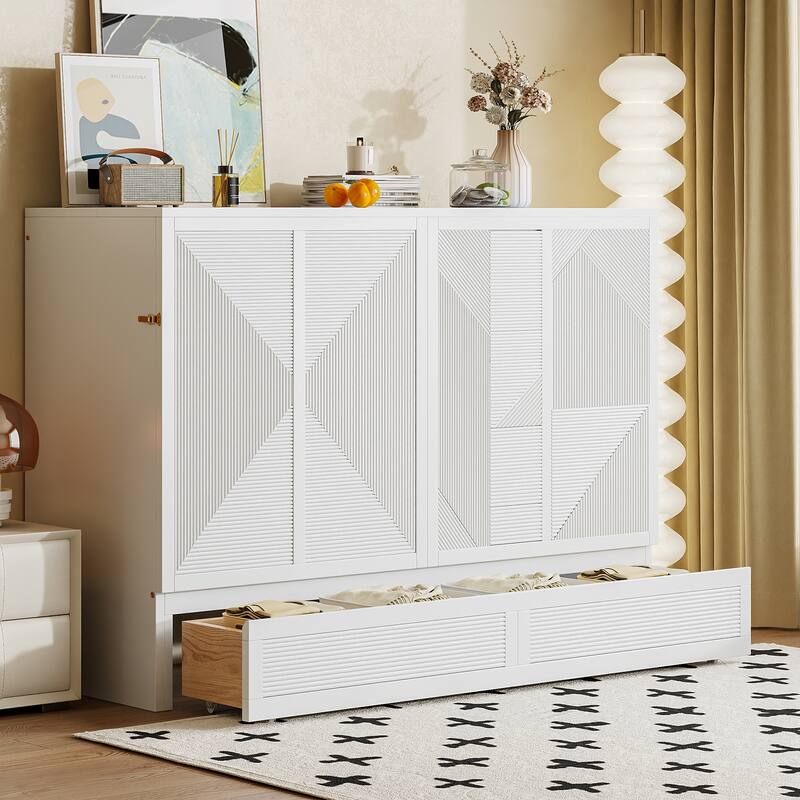 Wood Murphy Bed with Large Drawer, Murphy Cabinet with Foldable Panel, Living Room Murphy Cabinet Bed with USB Ports and Outlets