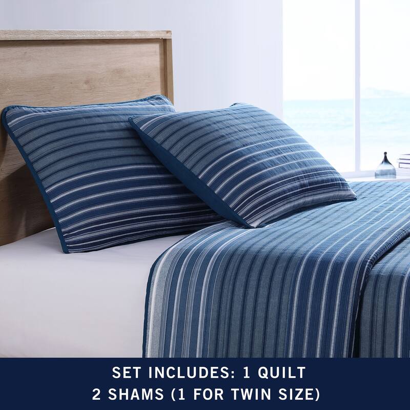 Nautica Coveside Seascape Stripe With Solid Reverse Cotton Quilt (Blue, 3 Piece Set)
