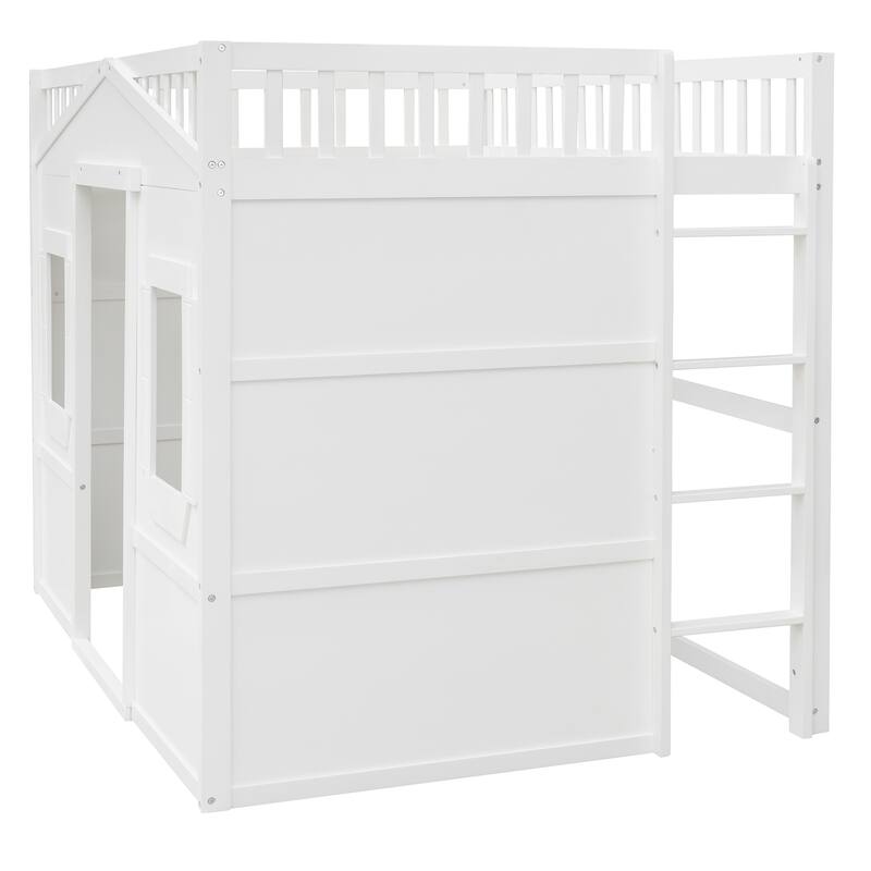 White Full Size Solid Pine Wood Loft Bed with Ladder - Sturdy & Space-Saving Design