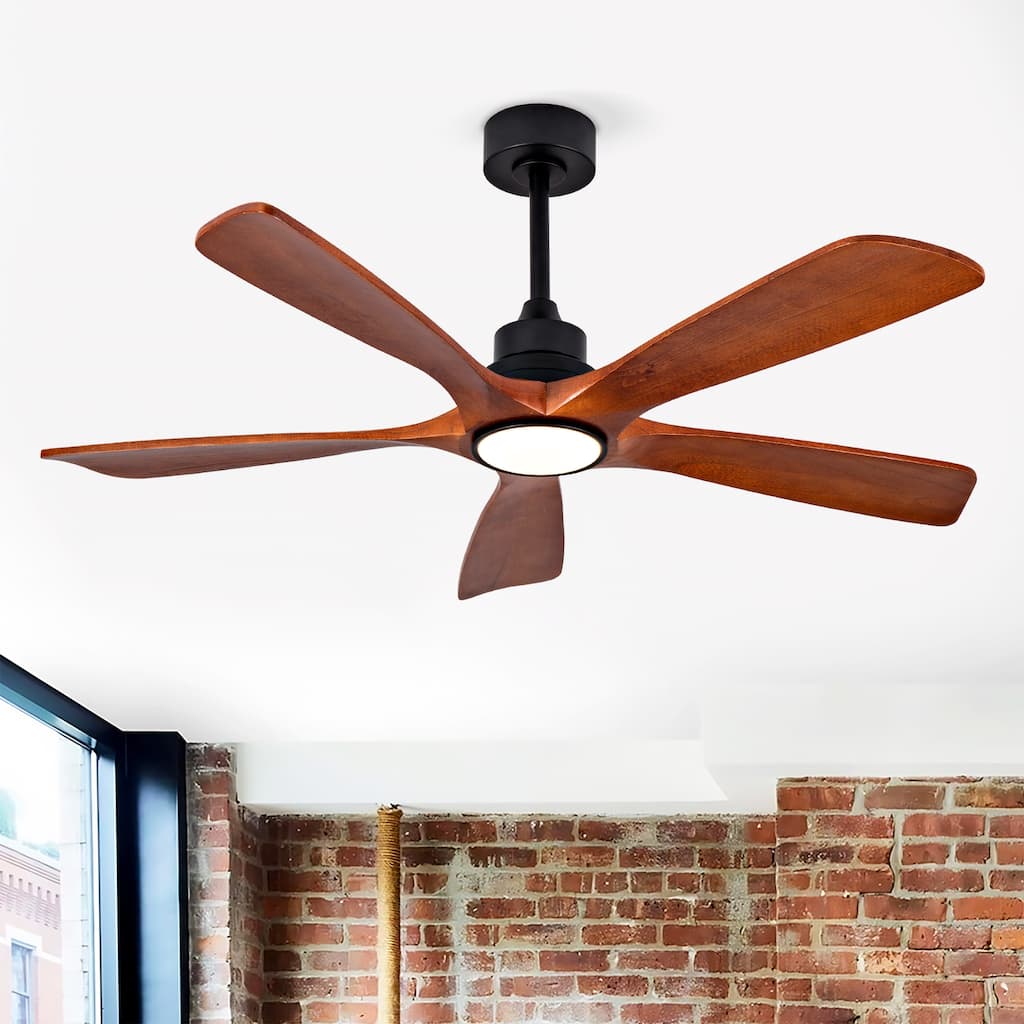 52 Inch Outdoor Ceiling Fan for Patios with Light, 5 Solid Wood Blades, Modern Noiseless Reversible DC Motor - Black
