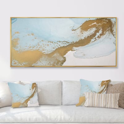 Designart 'Gold Turquoise Marbling Flow Art II' Abstract Framed Canvas artwork