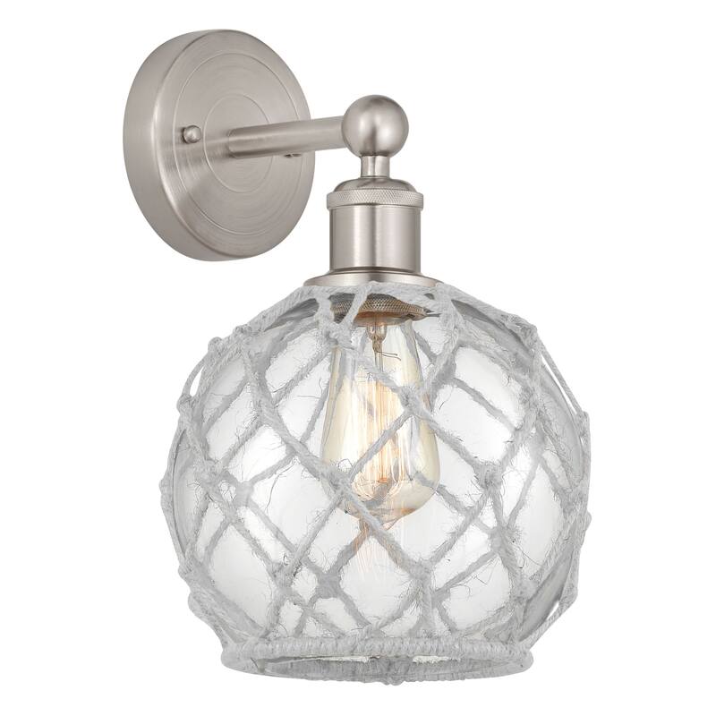 Innovations Lighting 616-1W-13-8 Farmhouse Rope Sconce Farmhouse Rope - Brushed Satin Nickel / Clear Glass with White Rope