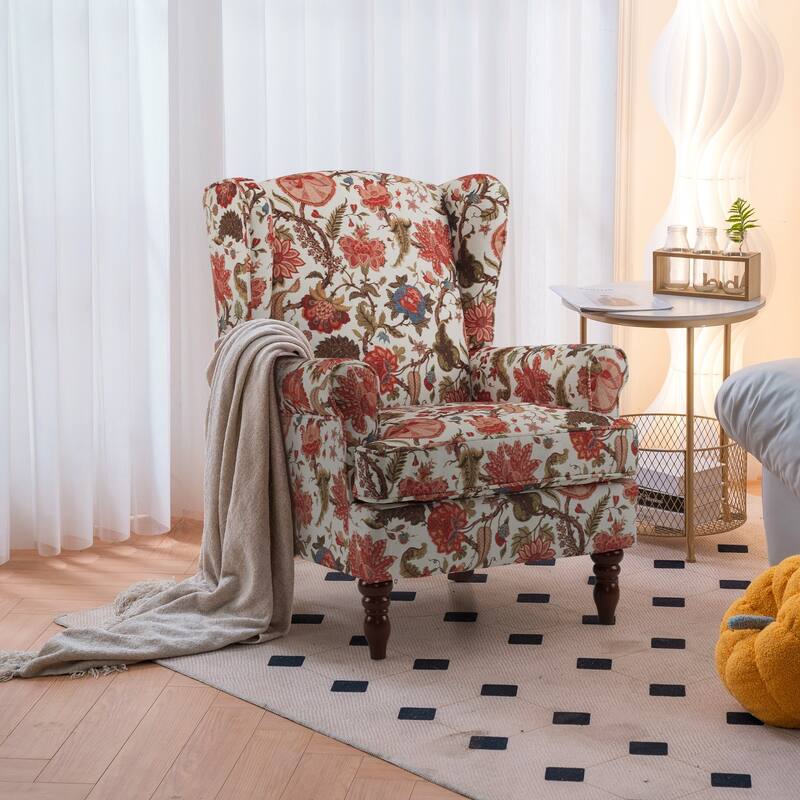 Erommy Wing back Arm Chair, Upholstered Fabric High Back Chair with Wood Legs - Flower - Coral