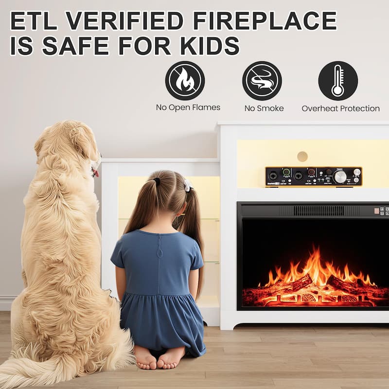 32" H Fireplace TV Stand, 55/70 Inch Media Console for TVs up to 80", Remote, Storage & LED Lights
