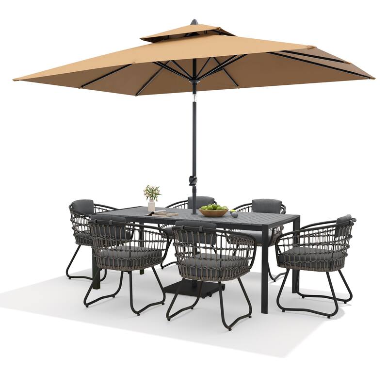 9/11-Piece Outdoor Dining Set Aluminum Table and Rattan Chairs w/10 ft Market Umbrella and Base