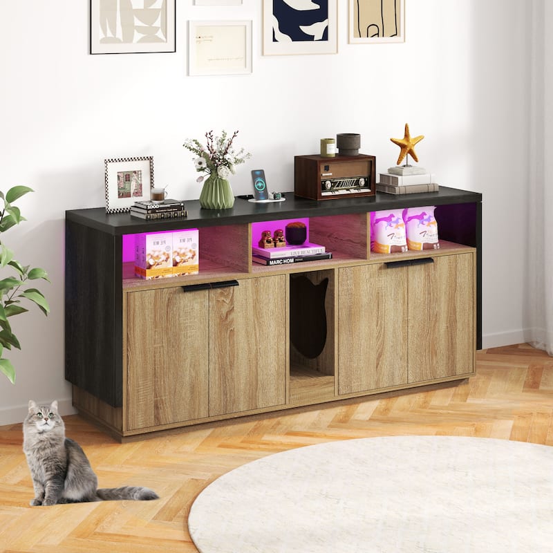 Moasis Cat Litter Box Enclosure with Power Outlet & LED Light