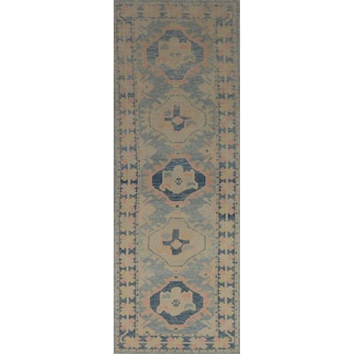 Hand Knotted Oriental 100% Wool Carpet Transitional Geometric Navy Blue & Blues Oushak Runner Rug - 11' 4'' X 3' 5''