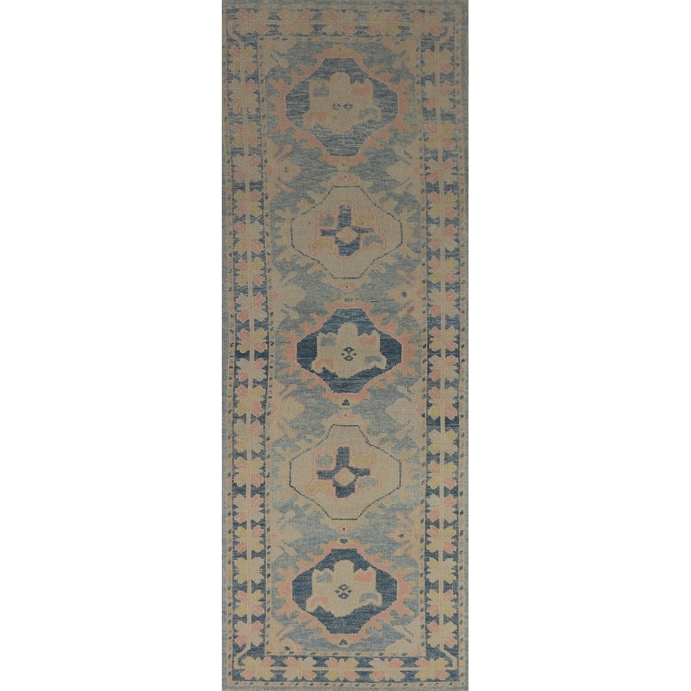 Hand Knotted Oriental 100% Wool Carpet Transitional Geometric Navy Blue & Blues Oushak Runner Rug - 11' 4'' X 3' 5''