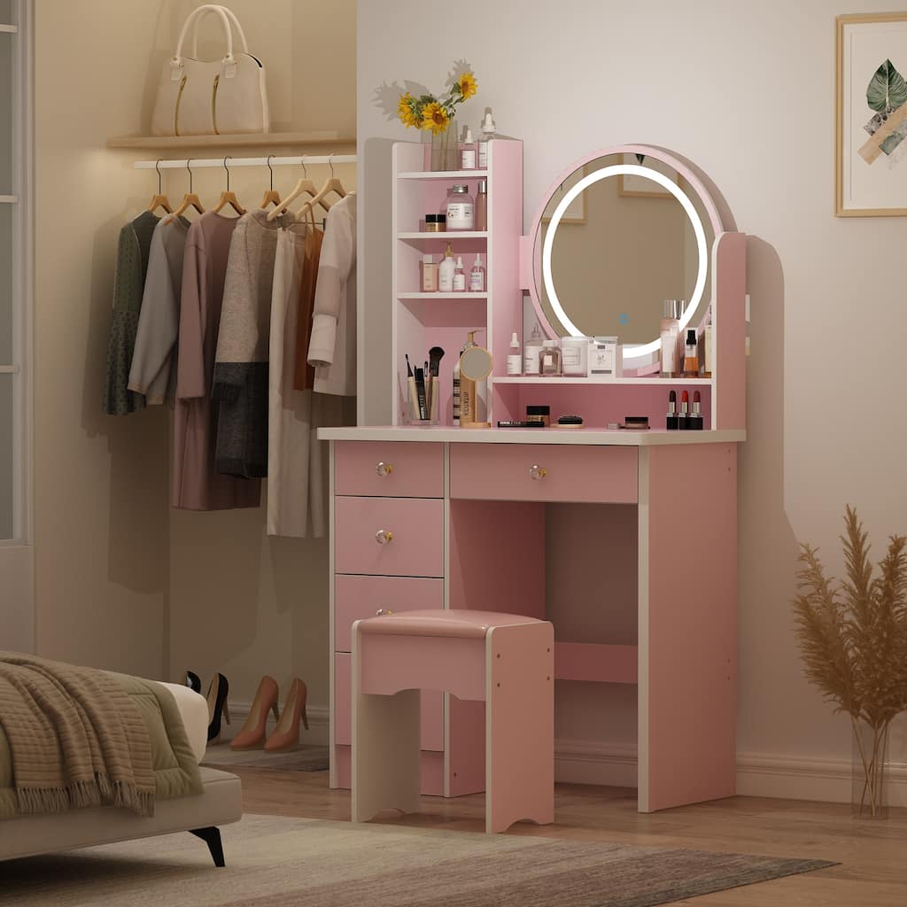 Makeup Vanity Set With 3 Colors Touch Screen Dimming Mirror & Stool