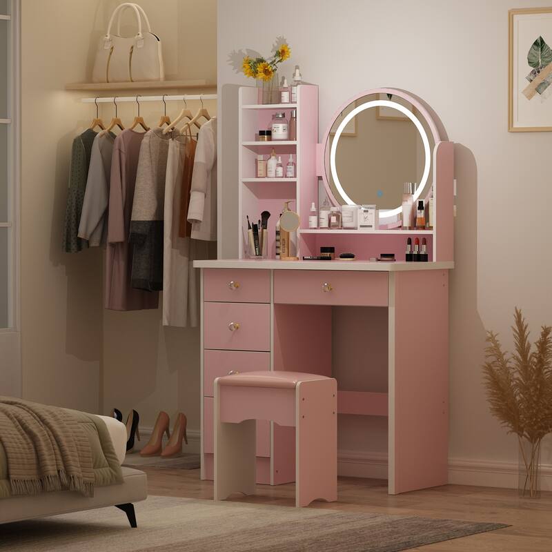 Timechee 31.5" Wide Makeup Vanity Set with Stool, Mirror,3 Color Light - 31.5"W - Pink