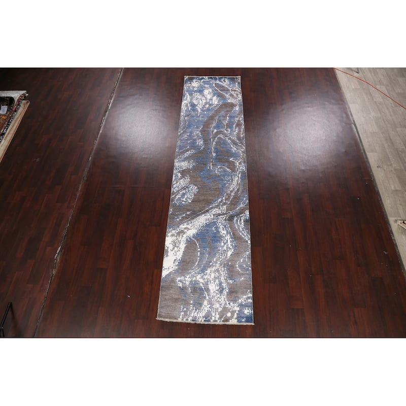 Wool/ Silk Vegetable Dye Modern Abstract Oriental Runner Rug Handmade - 3'0" x 12'3"