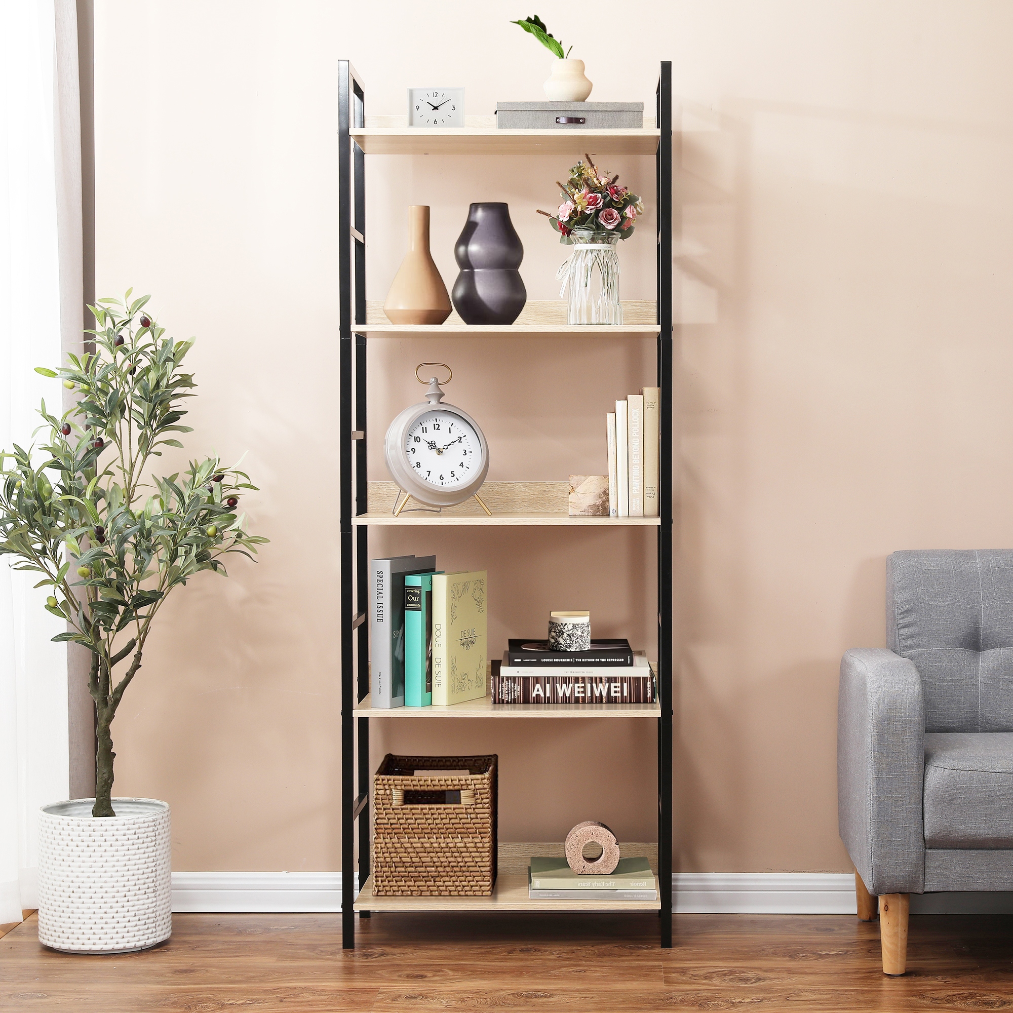 Wood and sales metal etagere bookcase