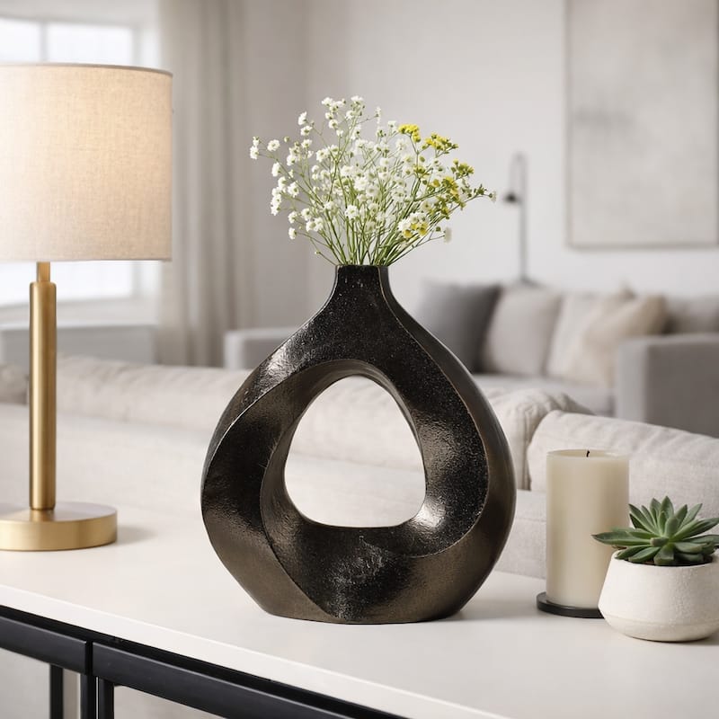 Artistic Metal Swirl Vase with Cut Out Center - Sculptural Flower Vase - 11.0"