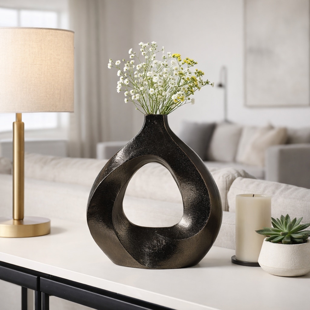 Artistic Metal Swirl Vase with Cut Out Center - Sculptural Flower Vase