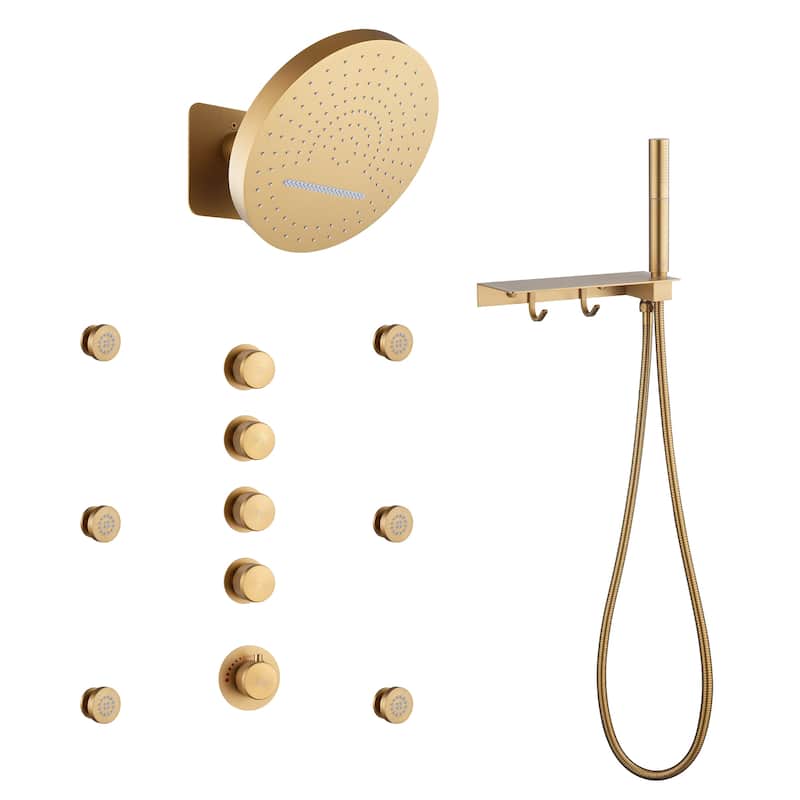 CASAINC Thermostatic 4 Functions 12 inch Rainfall Showerhead with Handheld Spray & 6 Body Jets Set Rain Shower System