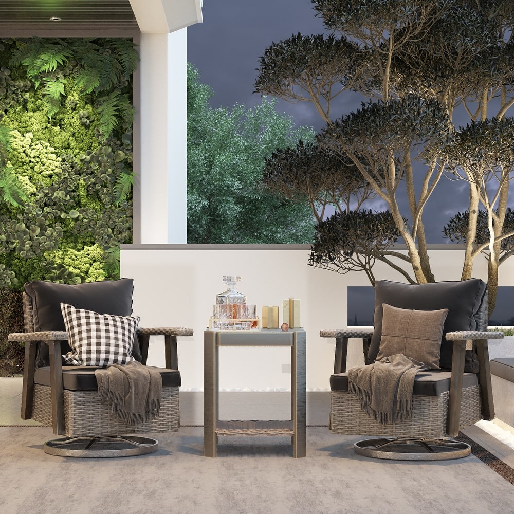Cozywor 3-Piece Wicker Patio Swivel Rocking Chair Conversation Set