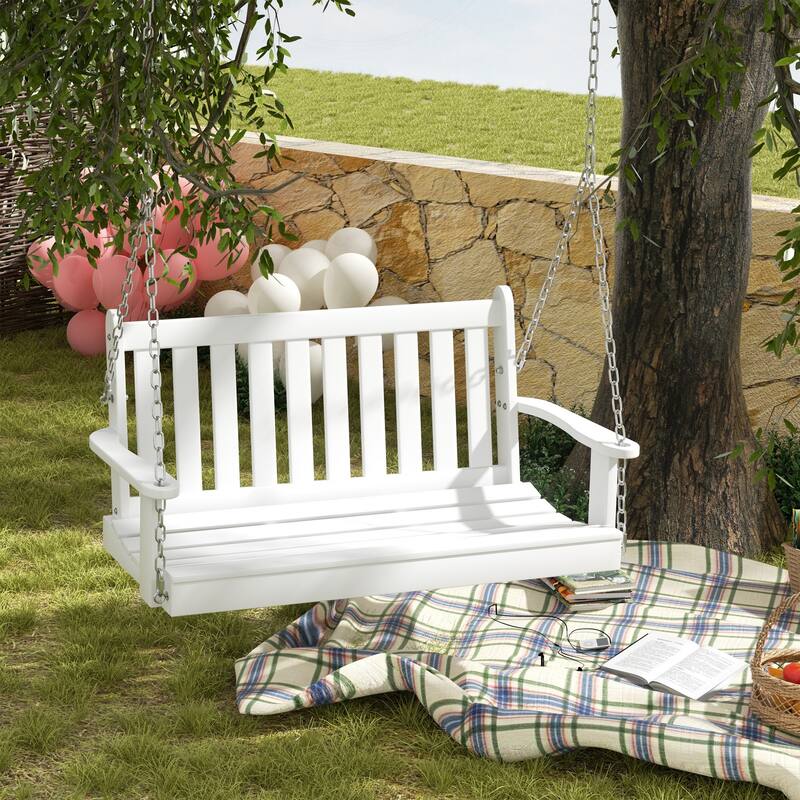 Futzca Outdoor Wooden Porch Swing, Bench Swing with Hanging Chains - White