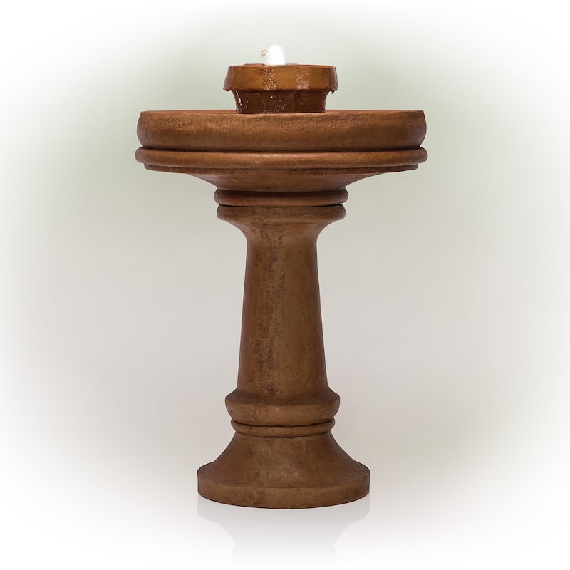 Alpine Corporation TZL202 Outdoor Floor Vintage Pedestal Water Fountain with Bird Bath and LED Lights, 29", Brown