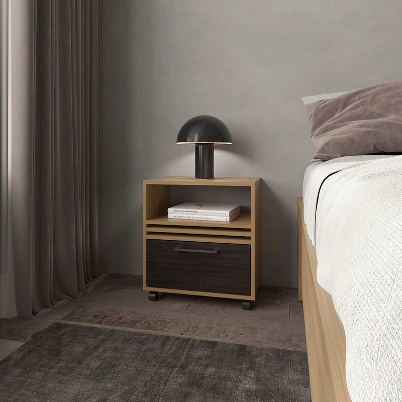 Oak Nightstand with Drawer and Open Storage - Natural Wood