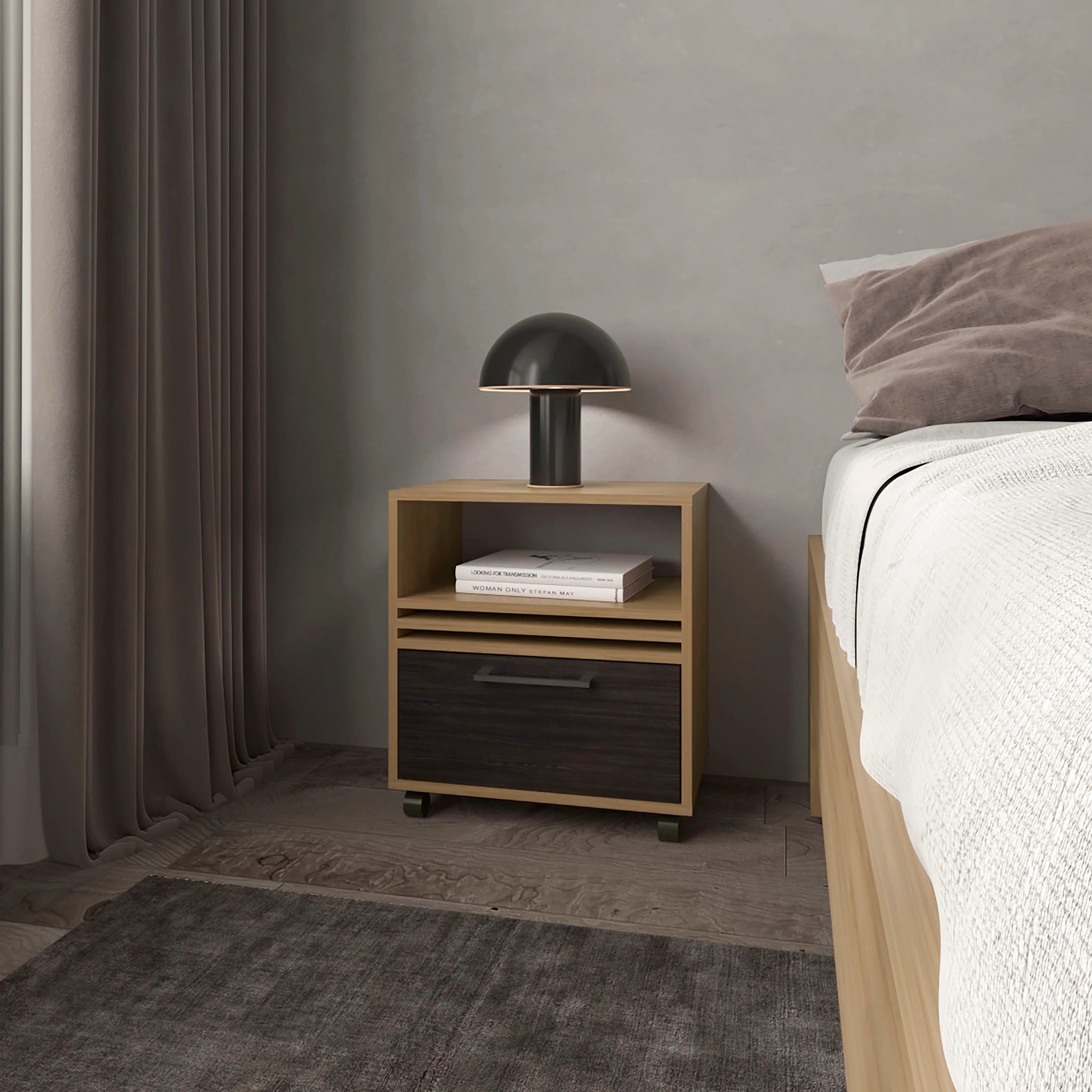 Oak Nightstand with Drawer and Open Storage - Natural Wood
