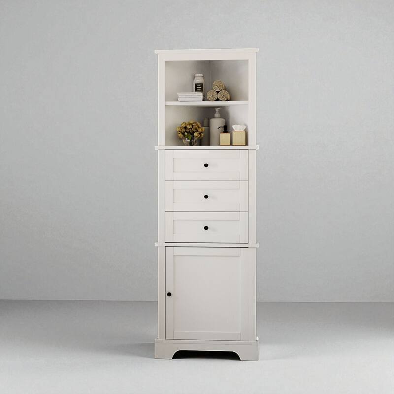 Triangle Corner Cabinet with 3 Drawers, Adjustable Shelves, and Painted MDF Finish, Freestanding Storage Organizer - White