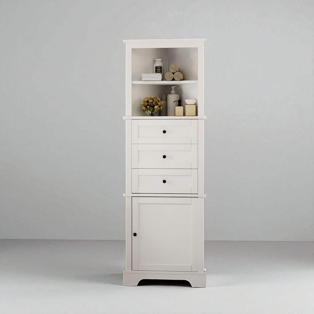 Triangle Corner Cabinet with 3 Drawers, Adjustable Shelves, and Painted MDF Finish, Freestanding Storage Organizer