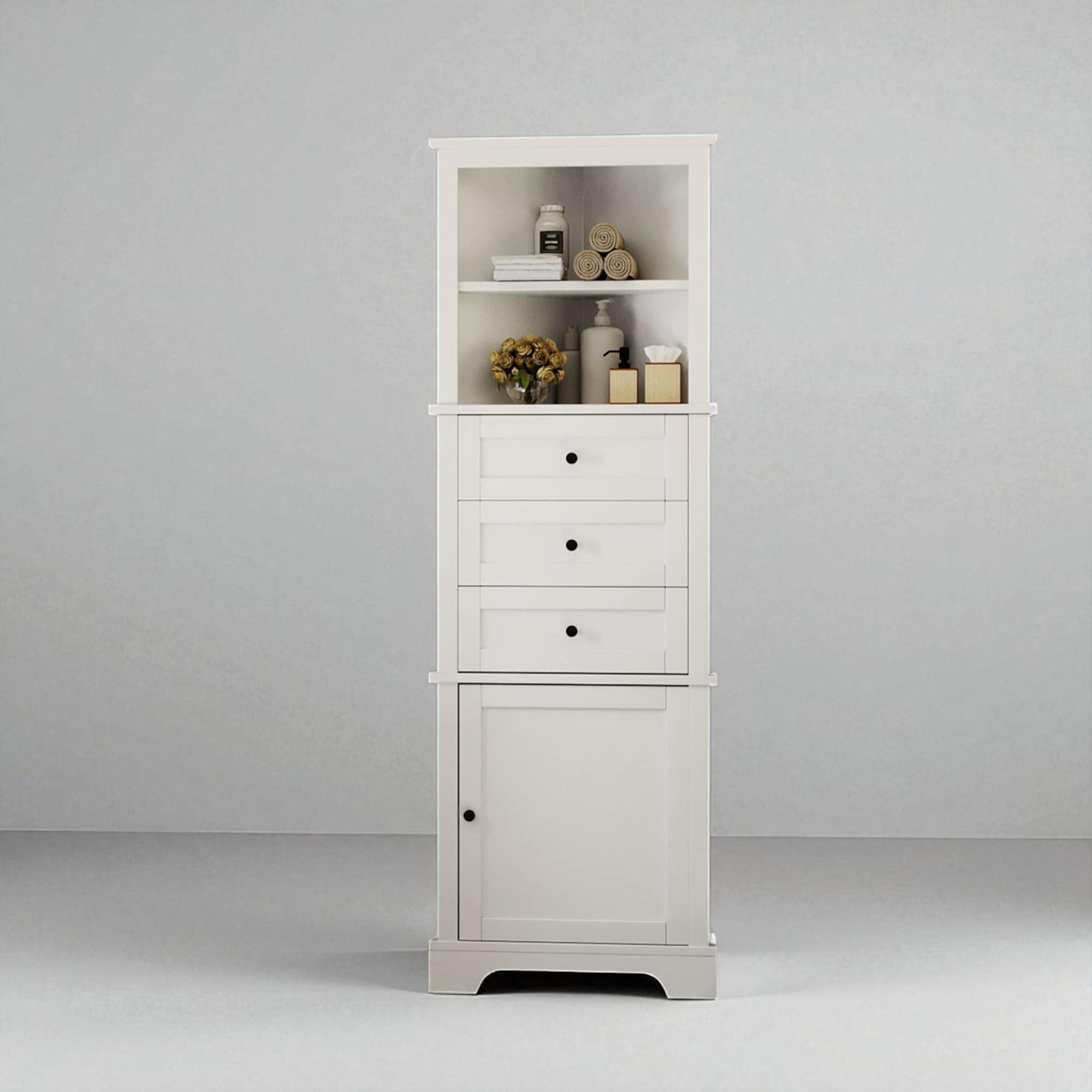 Triangle Corner Cabinet with 3 Drawers, Adjustable Shelves, and Painted MDF Finish, Freestanding Storage Organizer