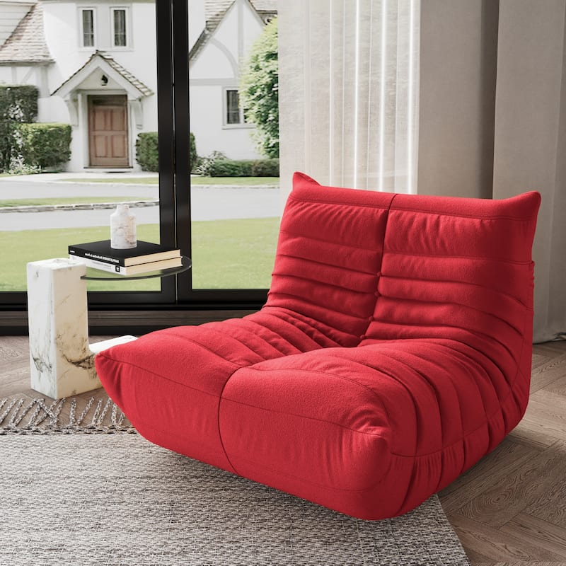 Single Lazy Sofa Teddy Fabric Soft Sponge Lounger Bean Bag Chair - Red